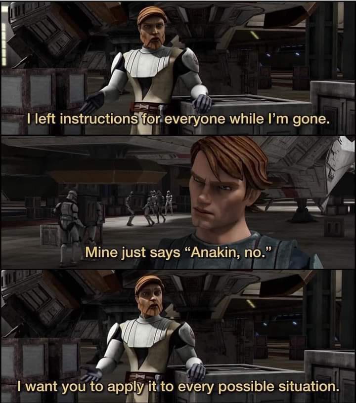 This meme is a screenshot from the Star Wars animated series "The Clone Wars." The image shows a scene where Anakin Skywalker is being told to leave a room, but he refuses to go. The text "I don't like the new droid" is shown on screen, but the character Anakin is actually saying "I find your lack of faith disturbing" in a different context, but in this scene he says "I don't like the new droid" which is a play on words referencing a famous line from the movie Star Wars: A New Hope.
